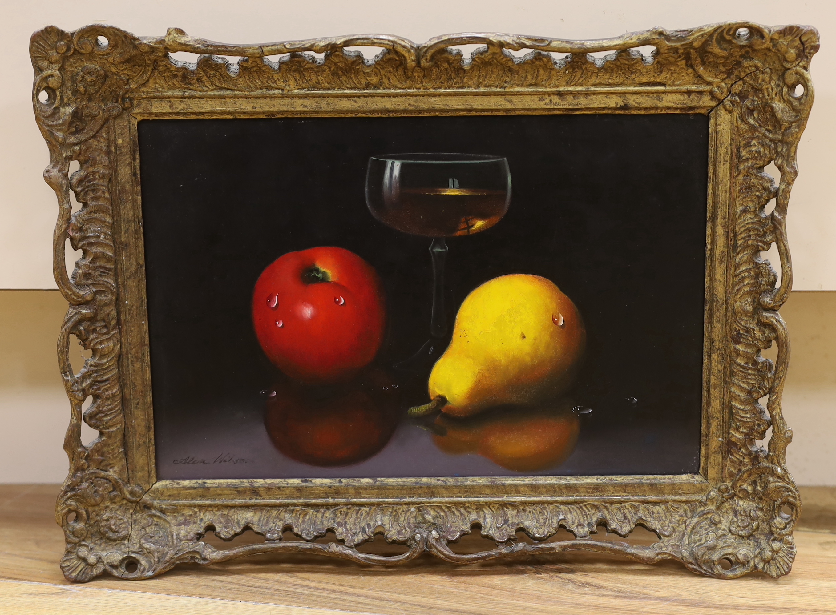 Alex Wilson (20thC), oil on board, Still life of fruit, signed, 29 x 19cm